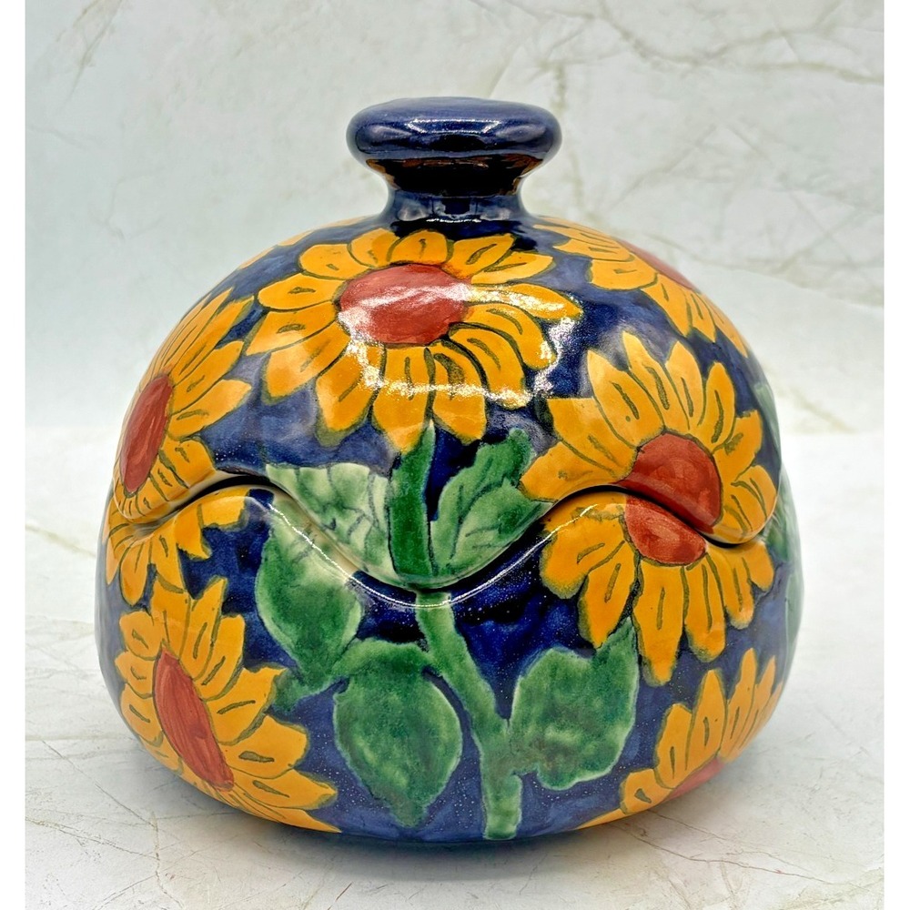 Signed Talavera Mexico Sunflower Lidded Canister Jar Jose Maria Folk Art Pottery
